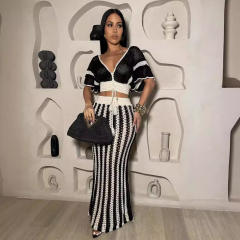 Summer Women's Sexy V-Neck Hollow Striped Knitted Women's Dress Set