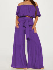 2025 spring women's elastic off shoulder short bubble sleeve tops high waist wide leg trousers suit