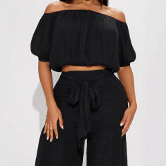 2025 spring women's elastic off shoulder short bubble sleeve tops high waist wide leg trousers suit