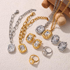 Luxury Simple Texture Oval Diamond block pendant stainless steel necklace bracelet rings set