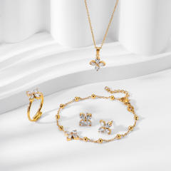 Chic diamond clover stainless steel jewelry set necklace bracelet earrings rings