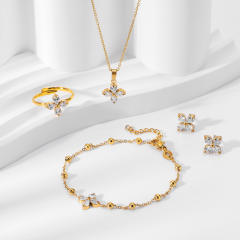 Chic diamond clover stainless steel jewelry set necklace bracelet earrings rings