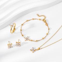 Chic diamond clover stainless steel jewelry set necklace bracelet earrings rings