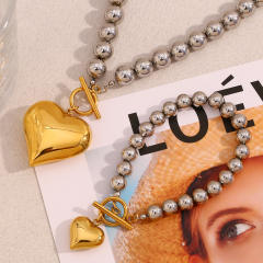 18KG chunky heart pendant bead chain necklace bracelet set stainless steel necklace