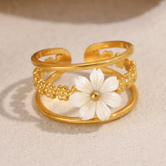 French Style Personality stainless steel rings Plated 18K Gold Shell Flower Opening Ring for Women