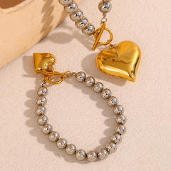 18KG chunky heart pendant bead chain necklace bracelet set stainless steel necklace