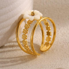 French Style Personality stainless steel rings Plated 18K Gold Shell Flower Opening Ring for Women