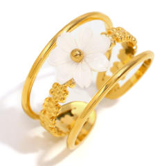 French Style Personality stainless steel rings Plated 18K Gold Shell Flower Opening Ring for Women