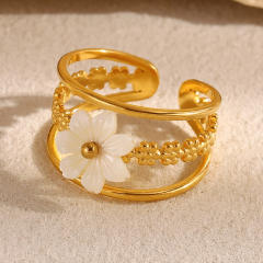 French Style Personality stainless steel rings Plated 18K Gold Shell Flower Opening Ring for Women