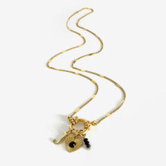 Dainty black stone heart bead charm initial letter charm stainless steel necklace