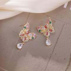 Zircon Diamond Embedded Flower Leaf Tassel Earrings Women's Artistic Baroque Court Style Earring Jewelry