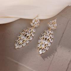 Zircon Diamond Embedded Flower Leaf Tassel Earrings Women's Artistic Baroque Court Style Earring Jewelry