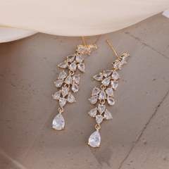 Zircon Diamond Embedded Flower Leaf Tassel Earrings Women's Artistic Baroque Court Style Earring Jewelry