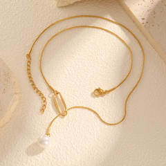 Hollow out geometric imitation pearl pendant lariat necklace stainless steel necklace