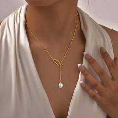 Hollow out geometric imitation pearl pendant lariat necklace stainless steel necklace