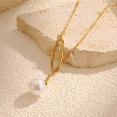 Hollow out geometric imitation pearl pendant lariat necklace stainless steel necklace