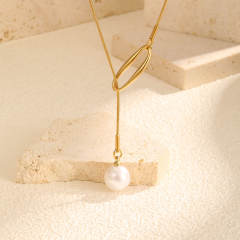 Hollow out geometric imitation pearl pendant lariat necklace stainless steel necklace