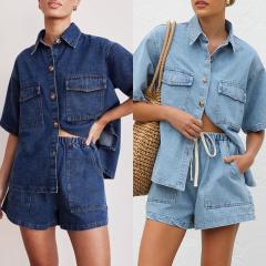 European American Casual Loose Pocket Short-sleeved Shirt Shorts Denim Two-piece Suit