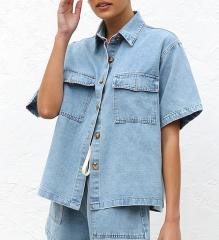 European American Casual Loose Pocket Short-sleeved Shirt Shorts Denim Two-piece Suit