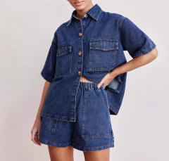 European American Casual Loose Pocket Short-sleeved Shirt Shorts Denim Two-piece Suit