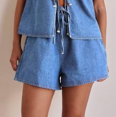 European American Summer Fashion Casual Sleeveless Lace-up High Waist Women's Vest Denim suit Shorts