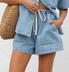 European American Casual Loose Pocket Short-sleeved Shirt Shorts Denim Two-piece Suit
