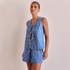 European American Summer Fashion Casual Sleeveless Lace-up High Waist Women's Vest Denim suit Shorts