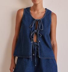 European American Summer Fashion Casual Sleeveless Lace-up High Waist Women's Vest Denim suit Shorts