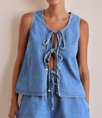 European American Summer Fashion Casual Sleeveless Lace-up High Waist Women's Vest Denim suit Shorts