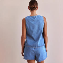 European American Summer Fashion Casual Sleeveless Lace-up High Waist Women's Vest Denim suit Shorts