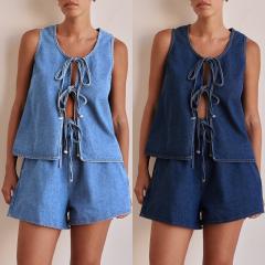 European American Summer Fashion Casual Sleeveless Lace-up High Waist Women's Vest Denim suit Shorts