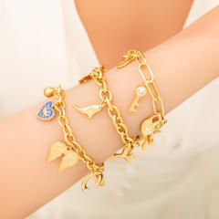 18KG gold color bow heart cross charm bracelet stainless steel bracelet