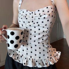 French Style polka Dot Chest Halter Vest Women's Girly V-Collar Waisted Slim Look Hot Girl Top for Summer