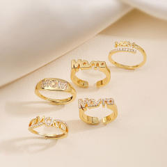 Concise diamond mama letter gold plated copper adjustable rings
