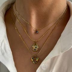 Colorful cubic zircon statement heart shell pendant stainless steel necklace
