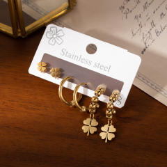 Classic gold color clover bead earrings set stainless steel earrings