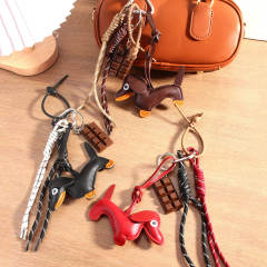 Vintage miu style leather sausage puppy woven rope chocolate bag pendant lanyard keychain