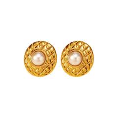 Vintage elegant pearl fan shape round shape stainless steel earrings