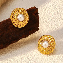 Vintage elegant pearl fan shape round shape stainless steel earrings
