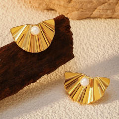 Vintage elegant pearl fan shape round shape stainless steel earrings