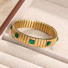 Chunky green purple cyrstal statement elastic stainless steel bangle