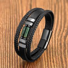 Vintage braided leather rope bracelet multi-layer stone bracelet stainless steel magnetic buckle men's fashion bracelet