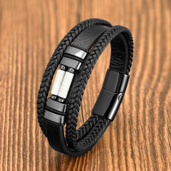 Vintage braided leather rope bracelet multi-layer stone bracelet stainless steel magnetic buckle men's fashion bracelet