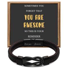 Father's day stainless steel leather bracelet lovemyson magnetic black twist stainless steel men's bracelet