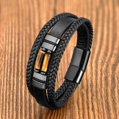 Vintage braided leather rope bracelet multi-layer stone bracelet stainless steel magnetic buckle men's fashion bracelet
