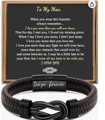 Father's day stainless steel leather bracelet lovemyson magnetic black twist stainless steel men's bracelet