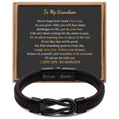 Father's day stainless steel leather bracelet lovemyson magnetic black twist stainless steel men's bracelet
