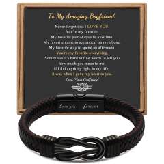 Father's day stainless steel leather bracelet lovemyson magnetic black twist stainless steel men's bracelet
