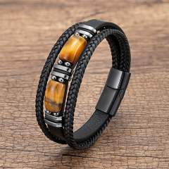 Tiger Eye Bracelet Men's multi-layer leather rope bracelet stainless steel magnet buckle hand jewelry