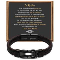 Father's day stainless steel leather bracelet lovemyson magnetic black twist stainless steel men's bracelet